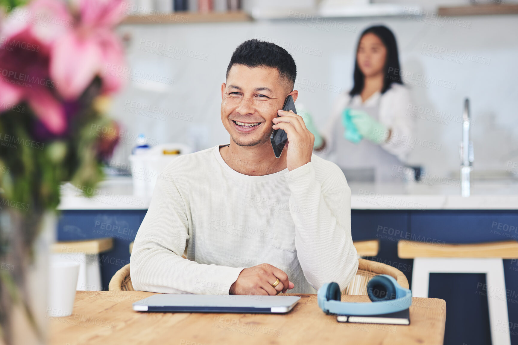 Buy stock photo Phone call, happy and man for remote work with laptop for communication, connection and contact. Working from home, small business and person on smartphone for conversation, talking and chatting