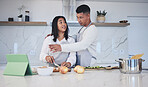 Digital tablet, cooking and couple in a kitchen, meal and bonding with love, marriage and conversation. Home, man and woman with tech, online recipe and nutrition with instructions and prepare lunch