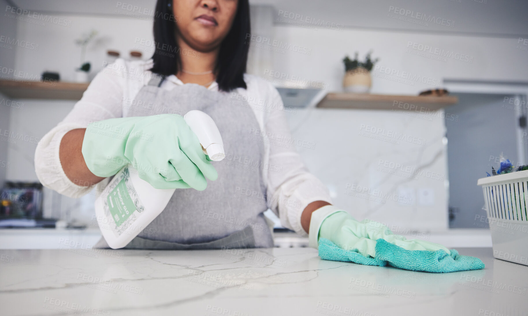 Buy stock photo Woman, hands and cleaning kitchen table with spray bottle, detergent or bacteria or germ removal at home. Female person, maid or cleaner wiping surface with cloth in clean hygiene or sanitize house