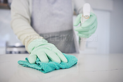 Buy stock photo Person, hands and cleaning table with spray bottle in kitchen hygiene, germ or bacteria removal at home. Closeup of maid or cleaner wiping counter with cloth and detergent in healthy disinfection