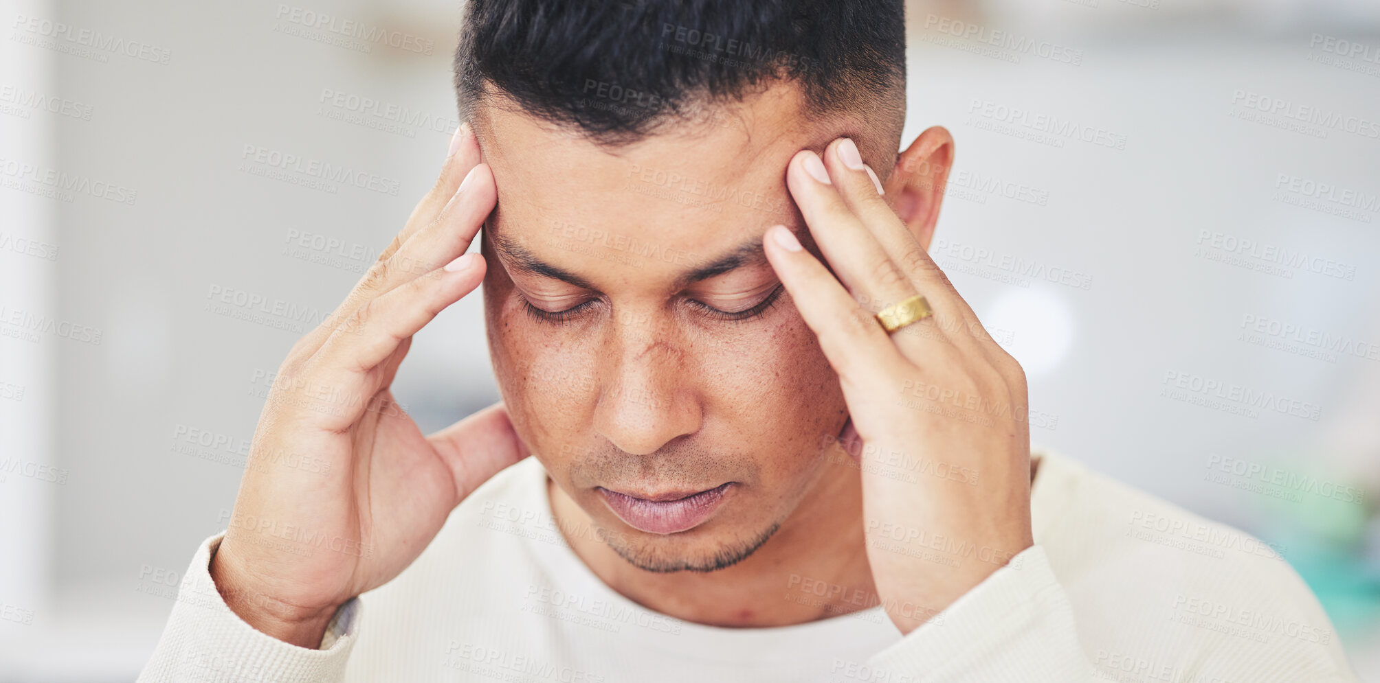 Buy stock photo Stress, headache and man with anxiety, worry or burnout in his home with tension or brain fog. Anxiety, face and guy person with temple massage for migraine, vertigo or mental health problem in house