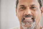 Happy, smile and portrait of a mature man with confidence and positive attitude by mockup space. Calm, headshot and closeup face of a male person from Mexico with pride by mockup for marketing.