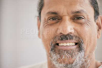 Buy stock photo Happy, smile and portrait of a mature man with confidence and positive attitude by mockup space. Calm, headshot and closeup face of a male person from Mexico with pride by mockup for marketing.