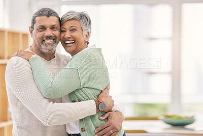 Buy stock photo Happy senior couple, portrait and hug with love in living room bonding, romance or embrace together at home. Mature man or woman smile in happiness for loving relationship, affection or quality time