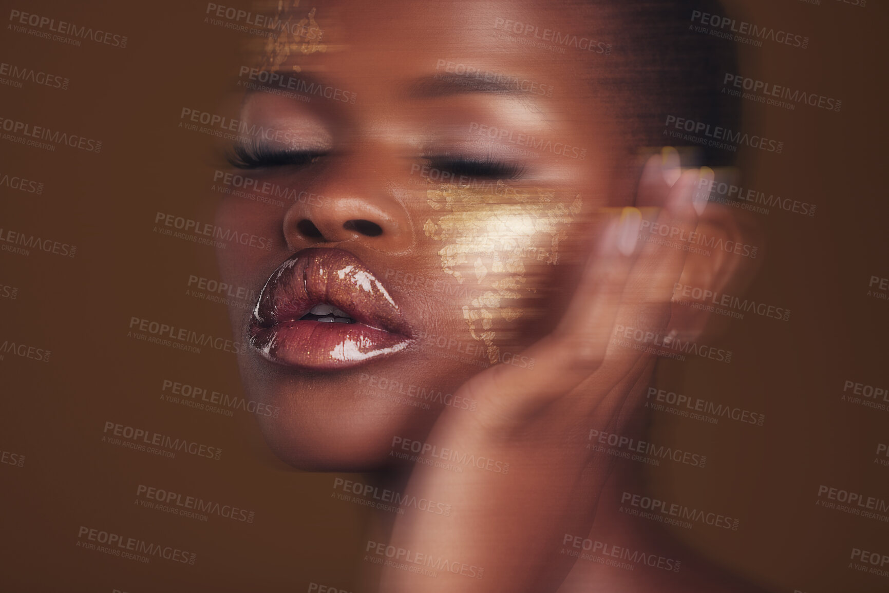 Buy stock photo Gold beauty, makeup and  woman skincare with blur in studio with glitter cosmetics and sparkle art. Brown background, African female model and shine from paint and glow with golden luxury treatment