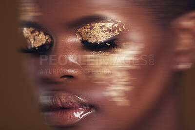 Gold, glitter flake and black woman beauty with makeup and luxury in studio  with sparkle cosmetics. Brown background, smile and female model with  golden paint for skin glow and creative facial shine