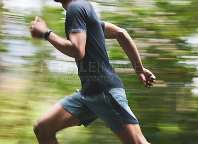 Buy stock photo Man, motion blur and running in park for exercise, fitness action and power of cardio workout. Closeup, runner and sports athlete training for marathon with energy, speed and fast performance outdoor