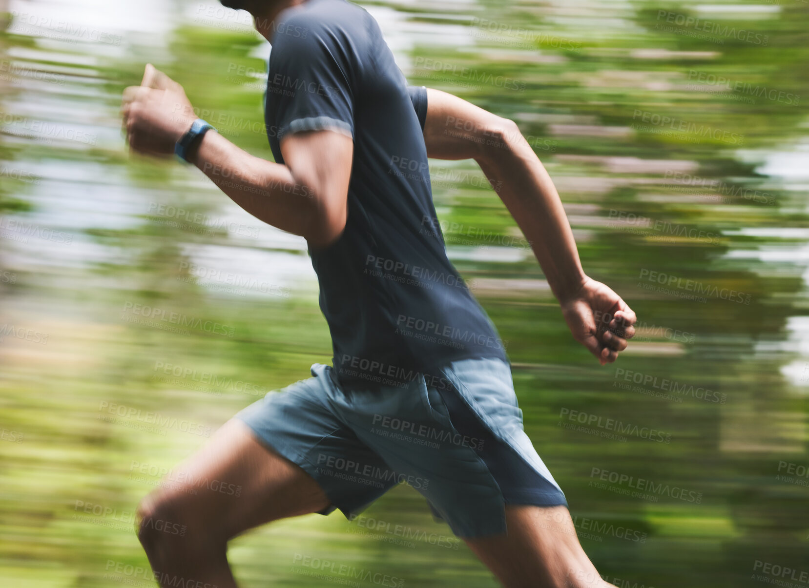 Buy stock photo Man, motion blur and running in park for exercise, fitness action and power of cardio workout. Closeup, runner and sports athlete training for marathon with energy, speed and fast performance outdoor