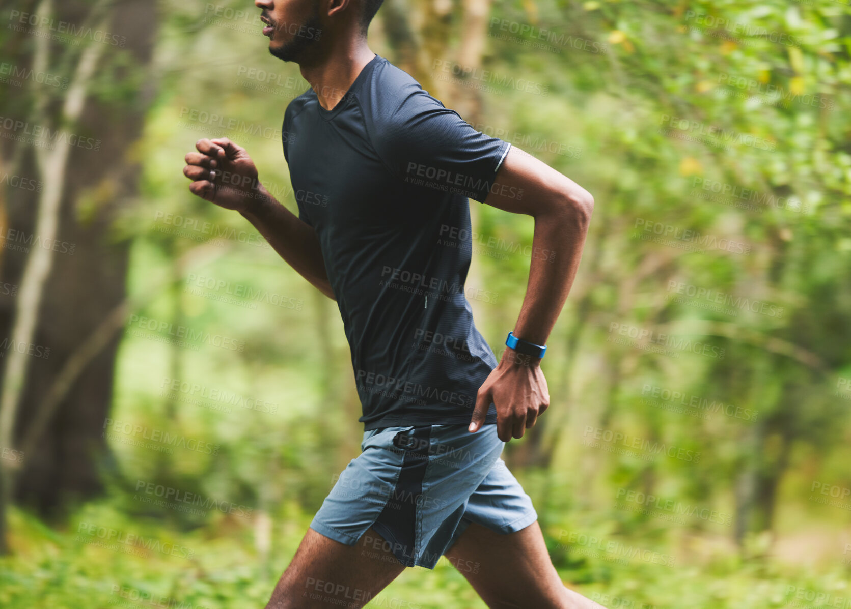 Buy stock photo Man, speed and running in park for action, motion blur and power of cardio workout in nature. Closeup, runner and sports athlete in race for marathon with energy, exercise or fast performance outdoor