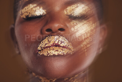 Buy stock photo Gold beauty, face and woman closeup with blur in studio with glitter cosmetics and sparkle art. Brown background, African female model and shine from makeup and skin glow with golden luxury treatment