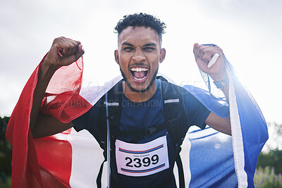 Buy stock photo Runner man, celebration portrait and flag for France, pride and excited for fitness, goals and success in nature. Athlete guy, happy winner or champion with cloth, fabric or sign with fist at contest