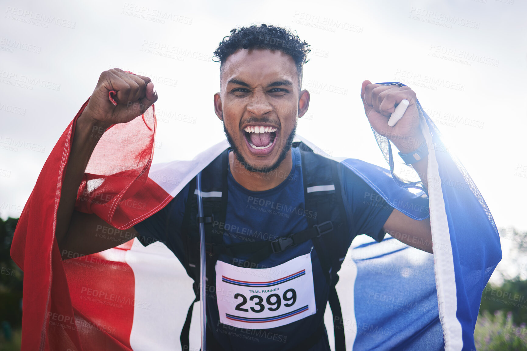 Buy stock photo Runner man, celebration portrait and flag for France, pride and excited for fitness, goals and success in nature. Athlete guy, happy winner or champion with cloth, fabric or sign with fist at contest