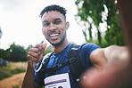 Runner man, athlete and outdoor in selfie, race or excited for triathlon, hiking or adventure in woods. Young African guy, happy and photography for memory, profile picture or post for social network