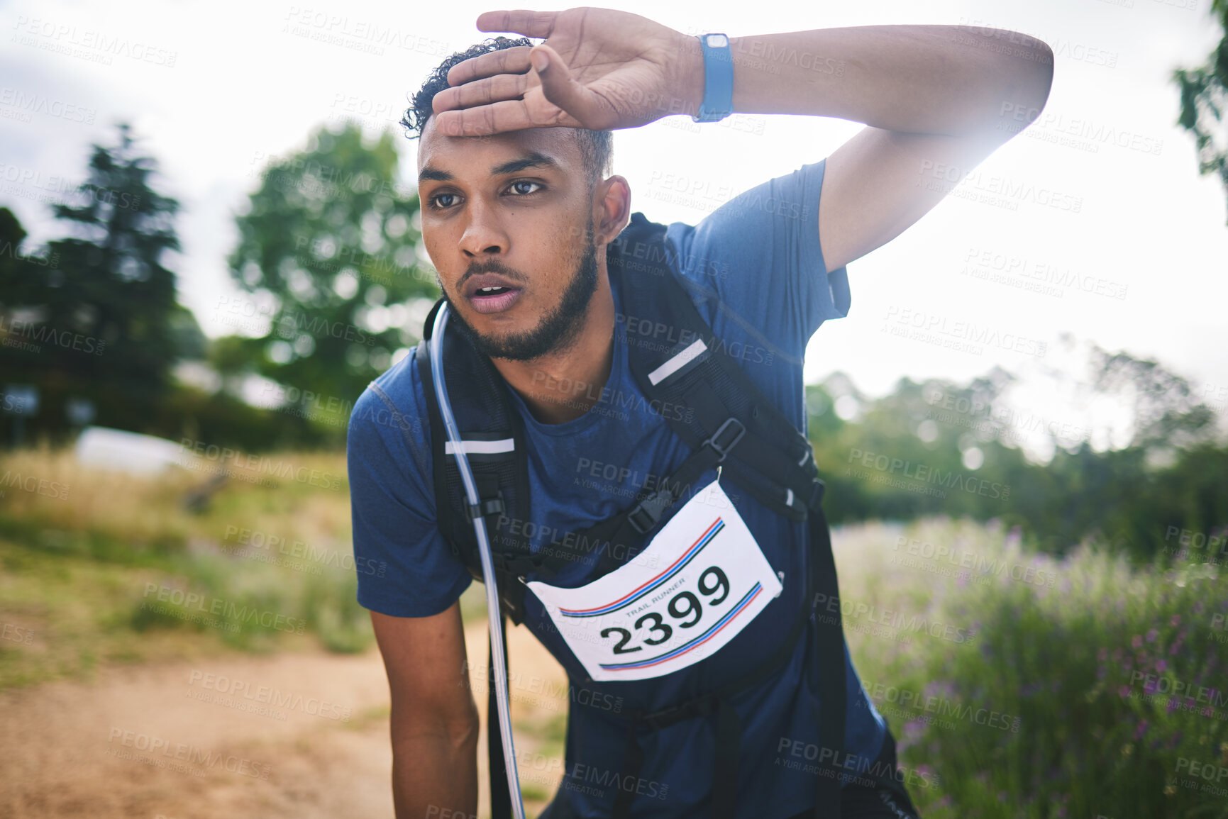 Buy stock photo Runner man, race and tired in nature, thinking and rest for sweat, breathe or vision in woods for triathlon. Athlete guy, face and idea for strategy, fatigue or burnout in forest, marathon or hiking]