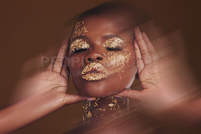 Buy stock photo Gold beauty, makeup and black woman face with blur in studio with glitter cosmetics and sparkle art. Brown background, African female model and shine from paint and glow with golden luxury treatment