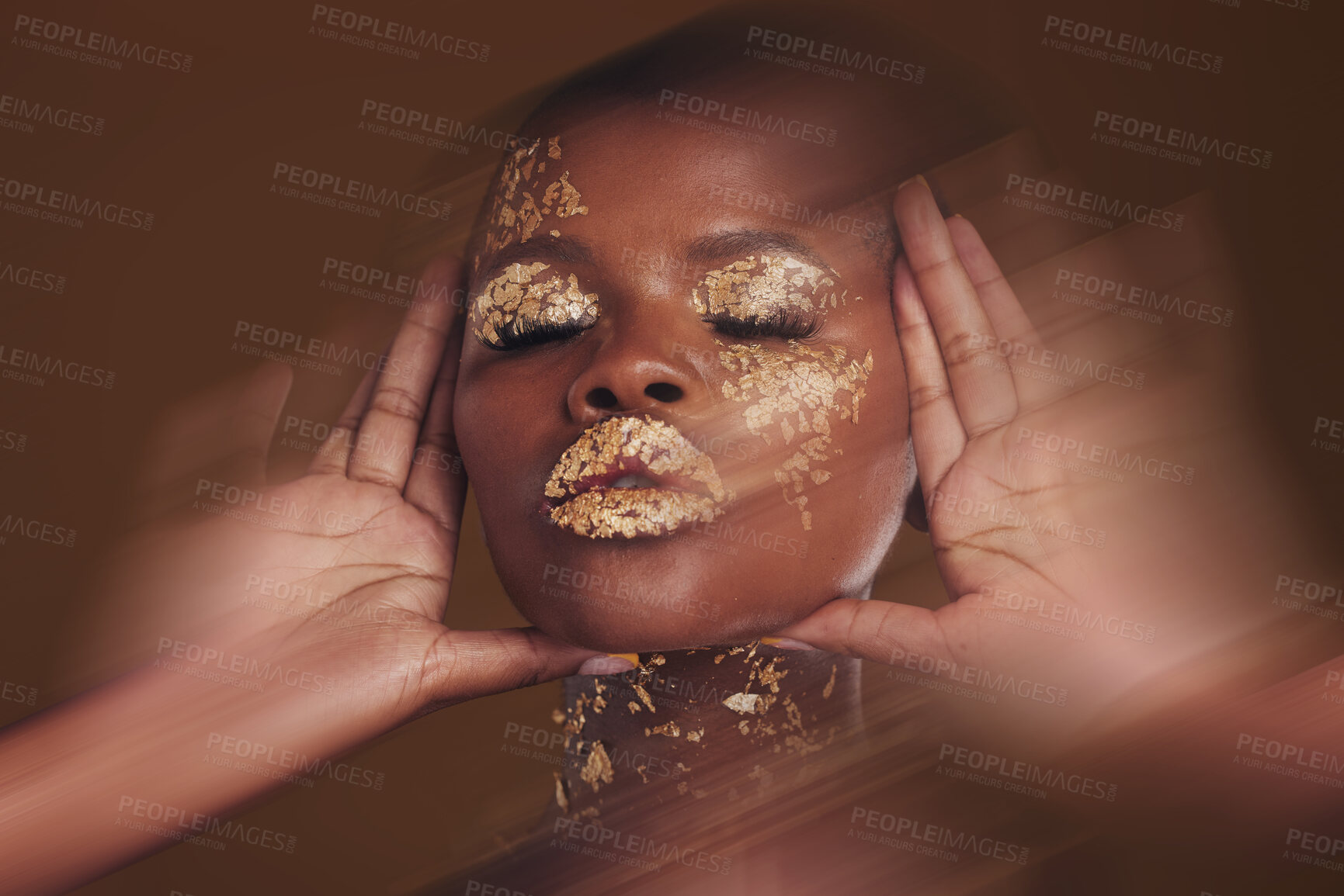 Buy stock photo Gold beauty, makeup and black woman face with blur in studio with glitter cosmetics and sparkle art. Brown background, African female model and shine from paint and glow with golden luxury treatment