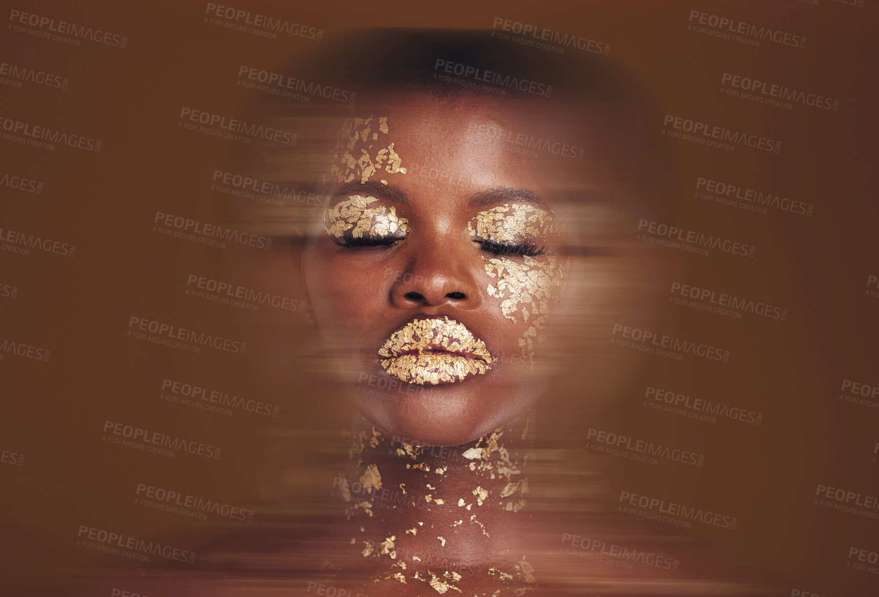 Buy stock photo Blurred beauty, black woman with gold makeup and brown background, glitter paint or cosmetics. Shine, glow and art, face of African model in studio for fashion and aesthetic motion in luxury skincare