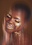 Gold beauty, spa mask and woman with blur in studio with glitter cosmetics and sparkle art. Brown background, African female model and shine from paint and skin glow with golden luxury treatment
