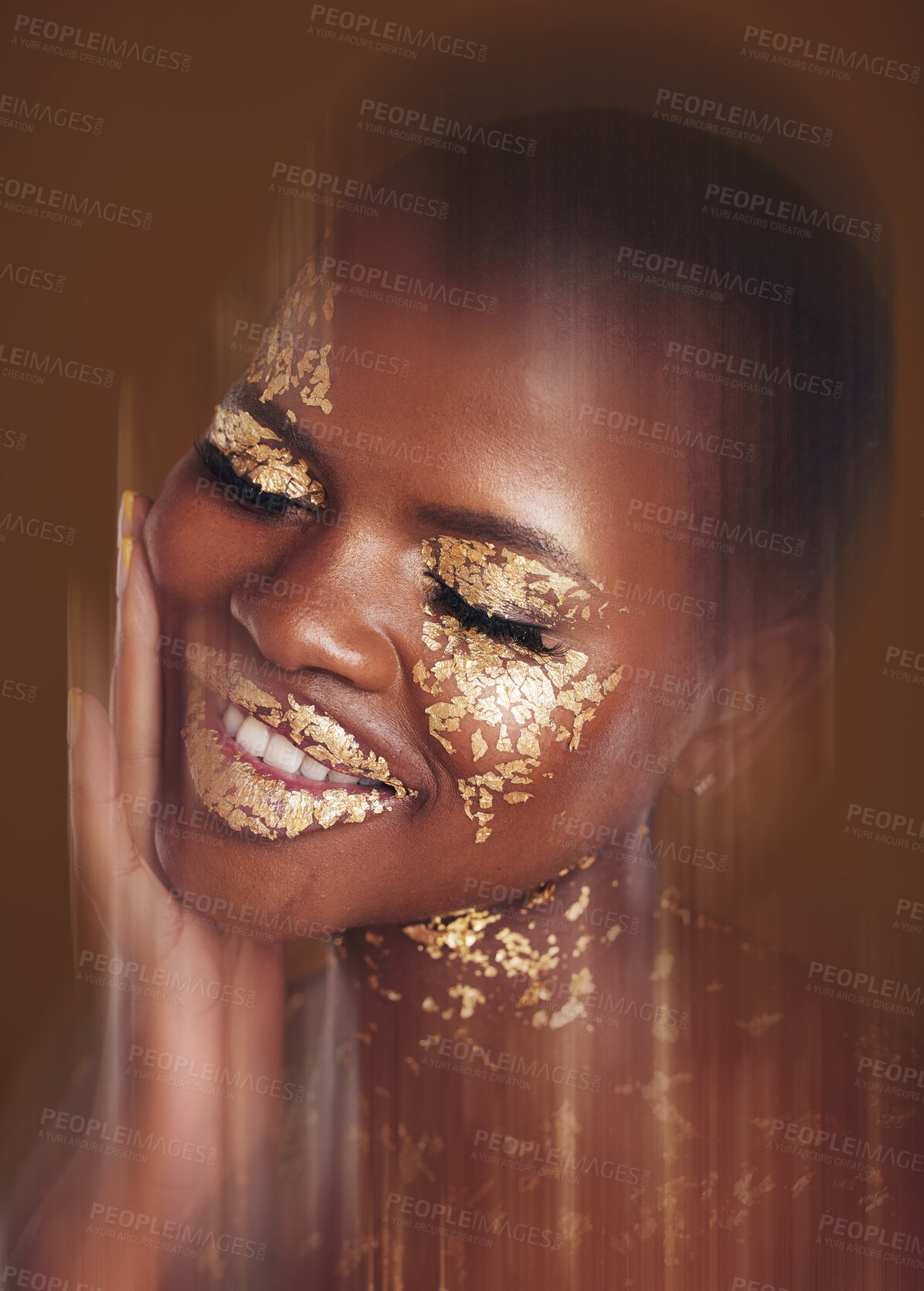 Buy stock photo Gold beauty, spa mask and woman with blur in studio with glitter cosmetics and sparkle art. Brown background, African female model and shine from paint and skin glow with golden luxury treatment