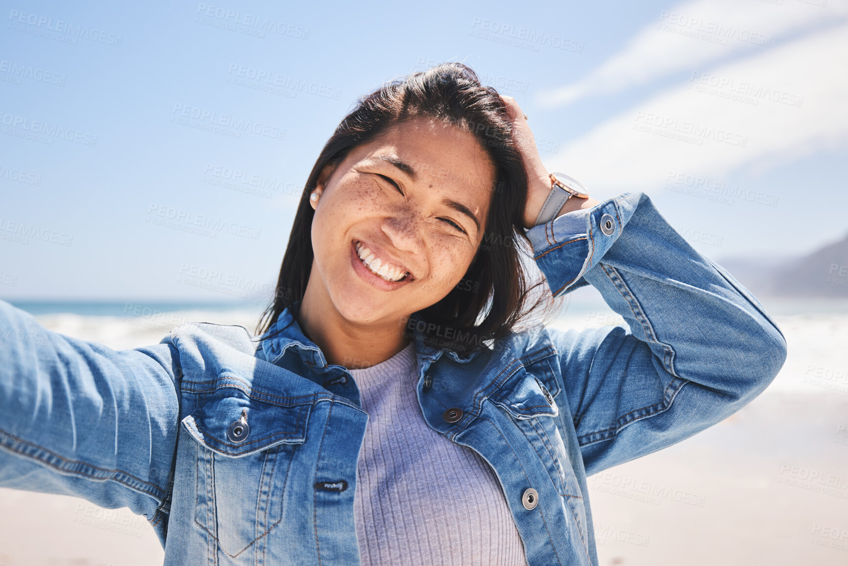 Buy stock photo Portrait, smile and selfie of woman at beach on holiday, vacation and travel. Face, happy and Asian person at ocean in profile picture, social media and influencer on trip at sea on mockup space.