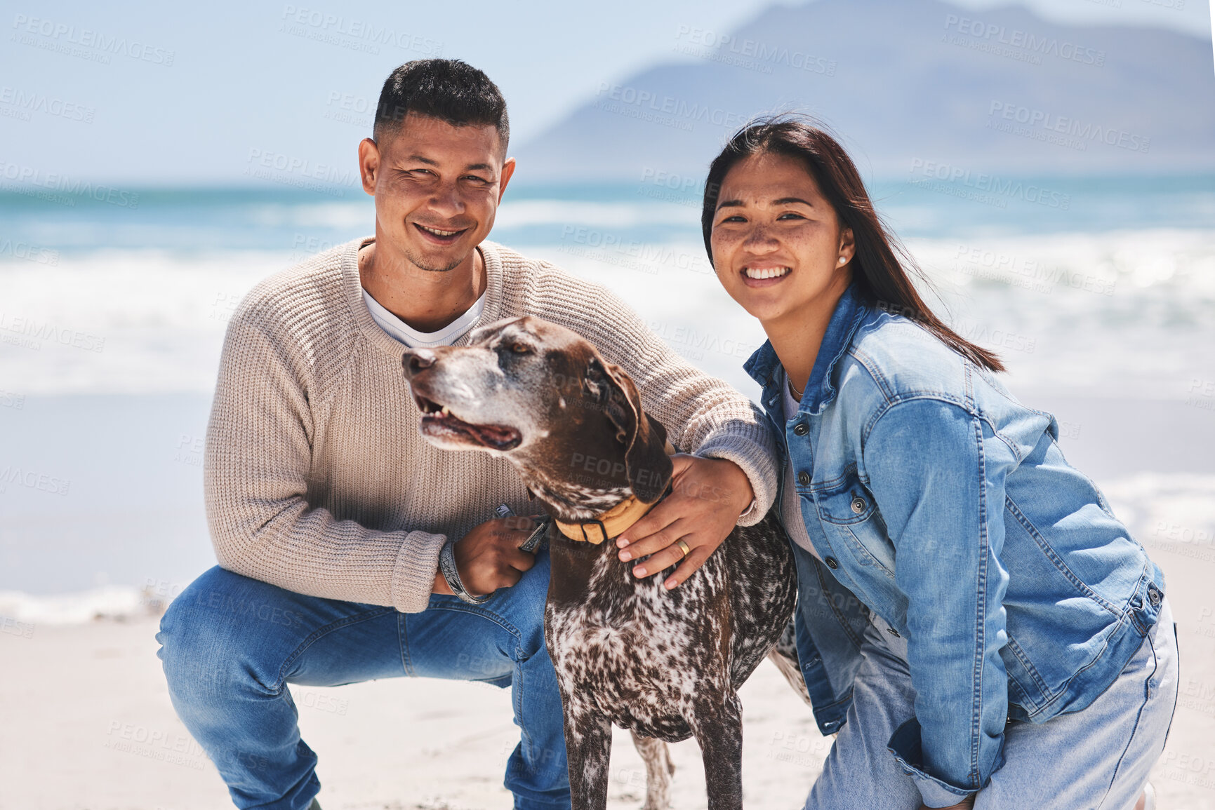 Buy stock photo Beach, walking and portrait of couple with dog by ocean for freedom, adventure and bonding in summer. Happy pet, excited canine and man and woman by sea for exercise, wellness and health in nature