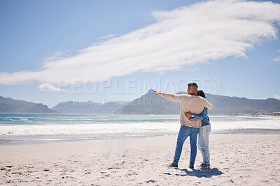 Buy stock photo Love, hug and space with couple at beach for travel, summer vacation and romance together. Happy, relax and holiday with man and woman walking on seaside holiday for care, date and honeymoon mockup