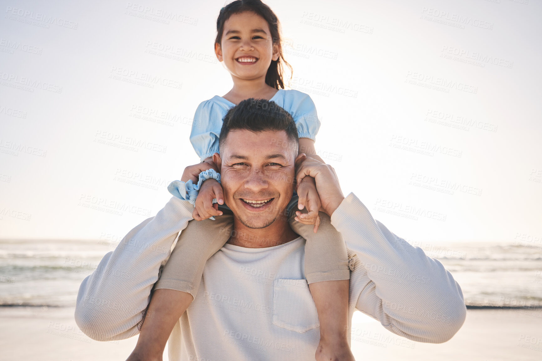 Buy stock photo Portrait, carry and father with girl, beach and happiness with love, bonding and island getaway. Family, parent and female child with a smile, seaside holiday or journey with adventure, ocean or care