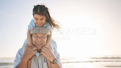 Buy stock photo Portrait, sunset and a girl with her grandpa on the beach for a holiday or vacation during retirement. Mockup, smile or love with a happy senior man and granddaughter by the ocean or sea in summer