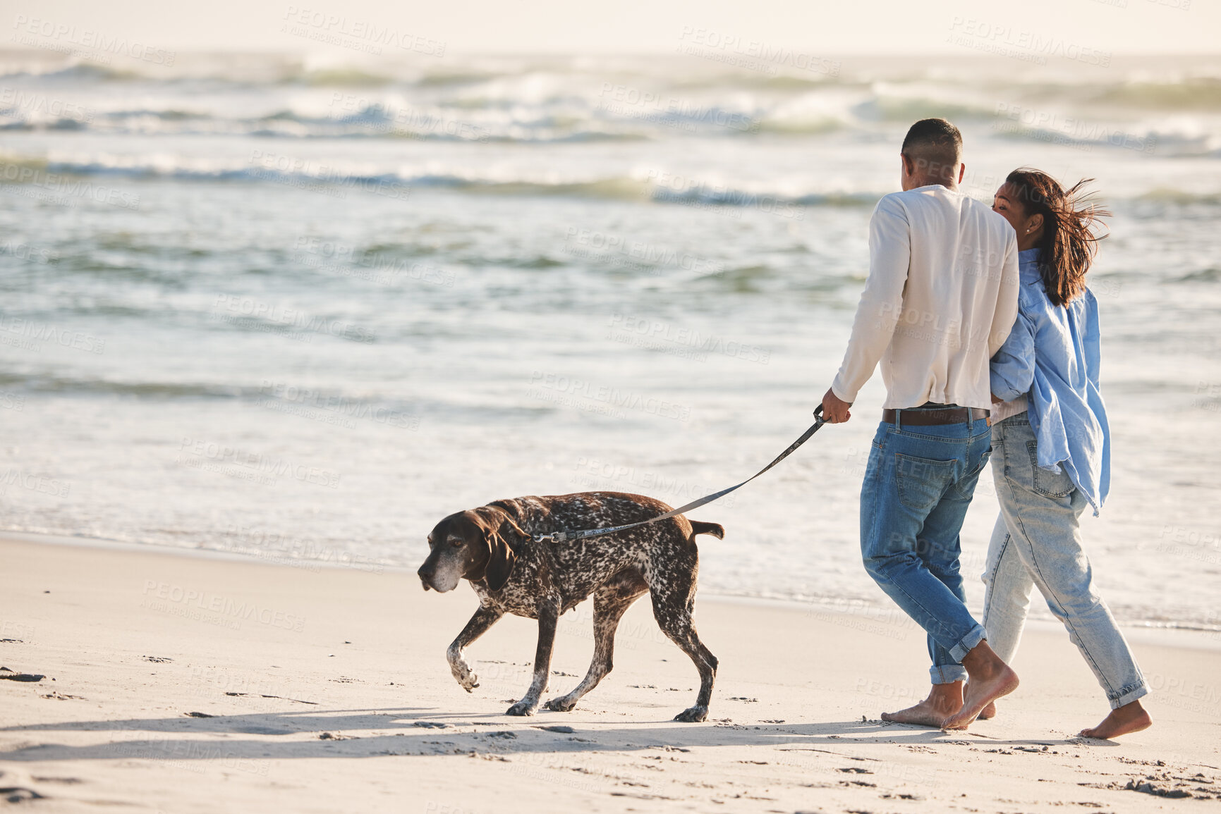 Buy stock photo Beach, walking and couple with dog to relax by ocean for freedom, adventure and bonding in summer. Happy pet, excited canine and man and woman by sea for exercise, wellness and health in nature