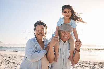 Buy stock photo Happy, beach and portrait of girl with her grandparents on a tropical family vacation or adventure. Smile, sunset and kid bonding with her grandmother and grandfather by the ocean on holiday together