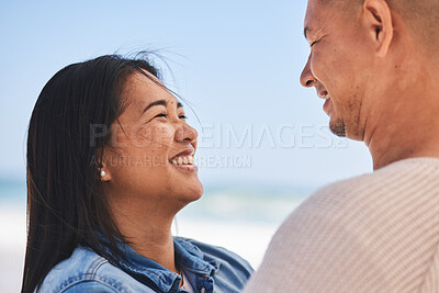 Buy stock photo Happy, couple and love at the beach together for travel, date or a vacation in the summer. Smile, marriage and a man and woman with care on a holiday, the sea for a honeymoon or outdoor walking