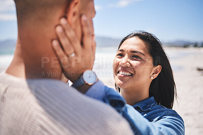 Buy stock photo Beach, love and couple with hands on face for love, commitment and bonding in nature. Travel, summer and man and woman together by ocean for care, trust and affection on holiday, vacation and weekend