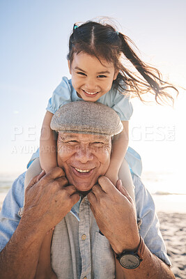 Buy stock photo Beach, old man and kid on back happy for family travel, play outdoor together and bonding with love and fun. Vacation, elderly person smile and portrait of girl child on holiday on piggyback by ocean