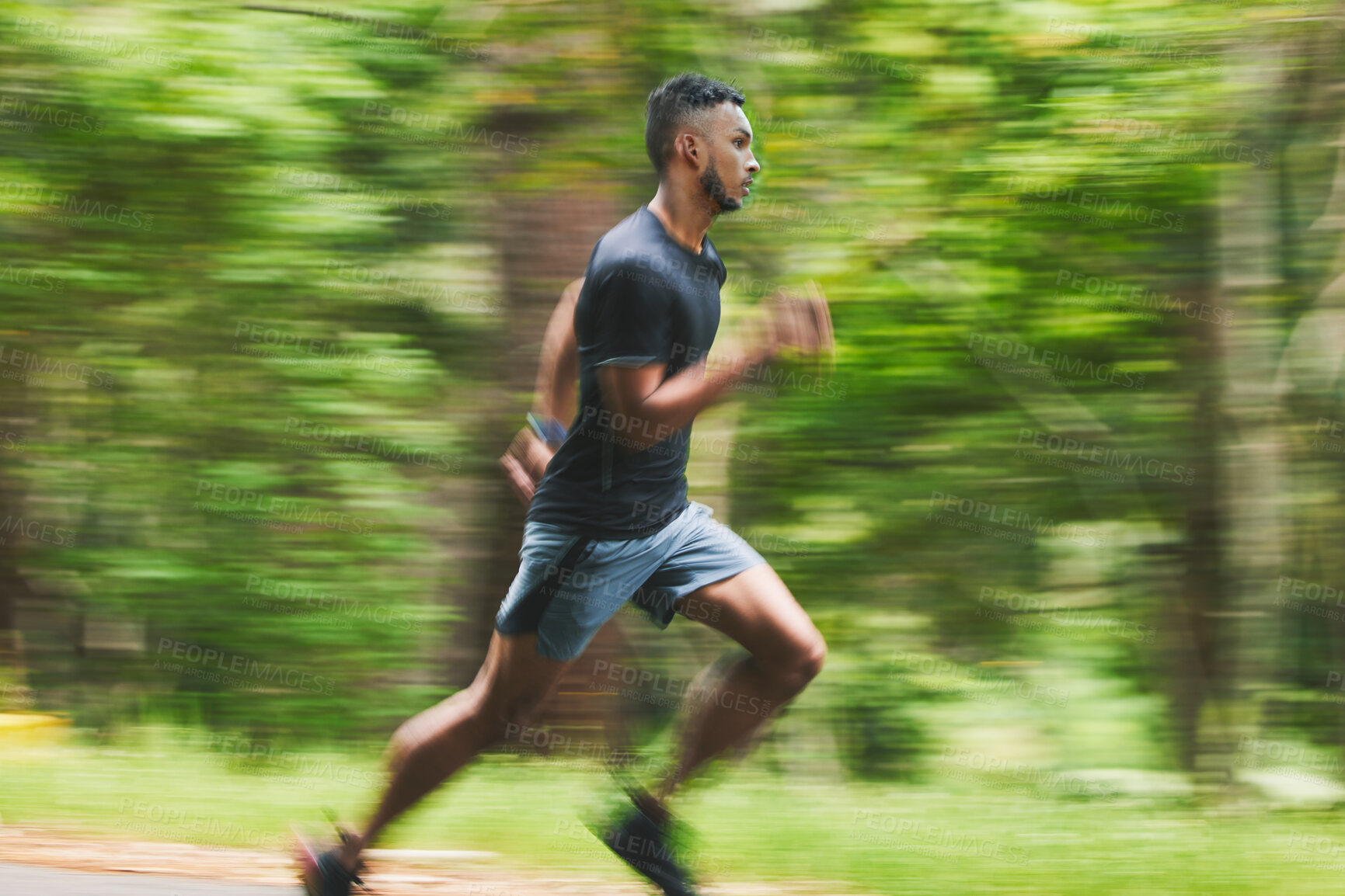 Buy stock photo Sports man, action and running in park with speed, cardio workout or power of motion blur. Runner, athlete or training for marathon race with energy, dynamic exercise or fast performance pace outdoor