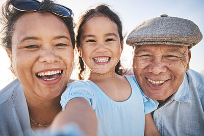 Buy stock photo Smile, selfie and portrait of girl with grandparents in nature on fun family vacation or adventure. Happy, memory and child bonding and taking a picture with her grandmother and grandfather on a trip