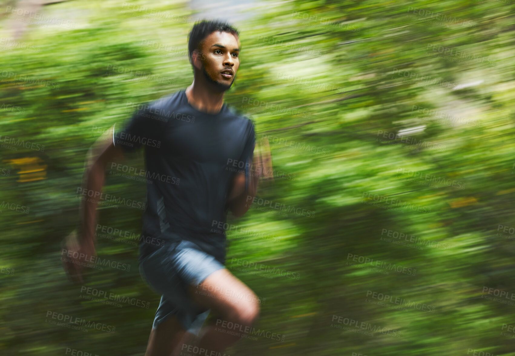 Buy stock photo Sports man, speed and running in park with motion blur, cardio workout and fitness action. Runner, athlete and focus for marathon race with energy, dynamic exercise and fast performance pace outdoor