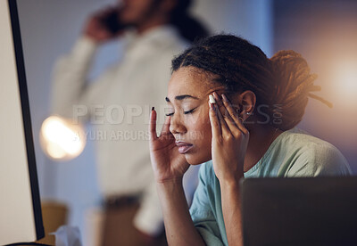 Buy stock photo Tired, headache and a business woman in an office at night working late on deadline. African entrepreneur person with hands on head for pain, burnout or depression and mistake or fatigue at work