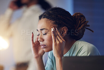 Buy stock photo Business woman, headache and stress in an office at night while working late on deadline. Tired African entrepreneur person with hands on head for pain, burnout or depression while thinking of work