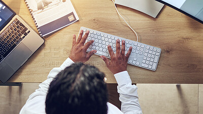 Buy stock photo Business person, hands and computer for planning, copywriting and marketing research at office desk above. Worker, writer or editor typing on desktop keyboard for social media branding or information