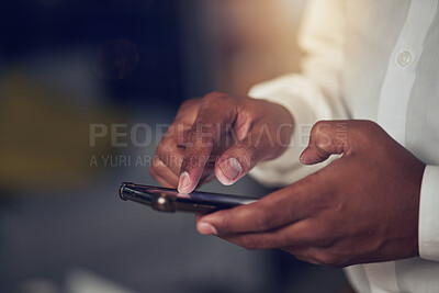 Buy stock photo Hands, app and phone for social media with a business person closeup for networking or browsing. Mobile, contact and communication with an employee scrolling on a smartphone to search the internet
