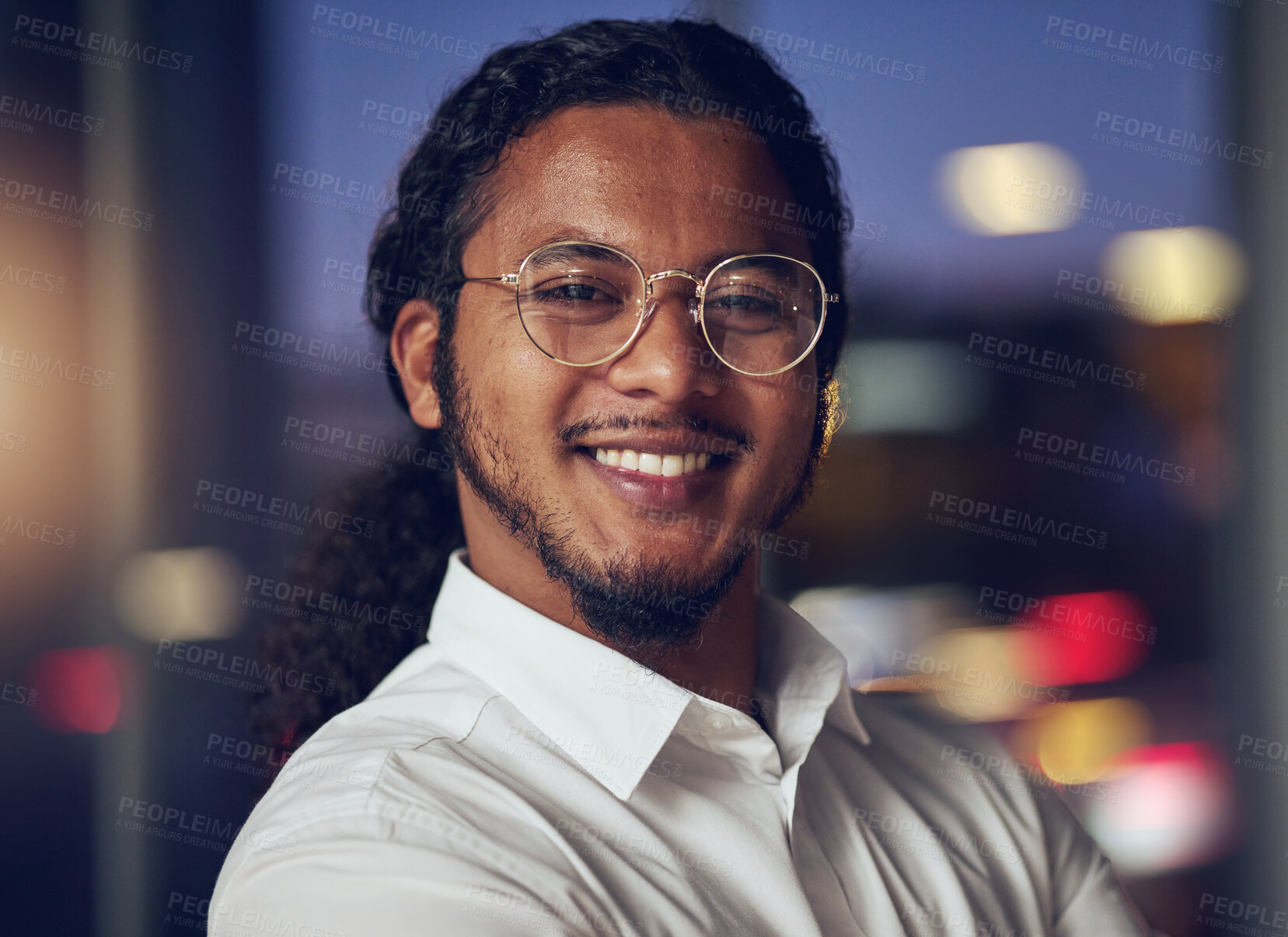 Buy stock photo Happy, night and portrait of business man in office for professional, manager and accountant. Pride, corporate and smile with face of employee in Indian agency for finance, consulting and economy