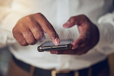 Buy stock photo Hands, app and phone for communication with a business person closeup for networking or browsing. Mobile, contact and social media with an employee scrolling on a touchscreen to search the internet