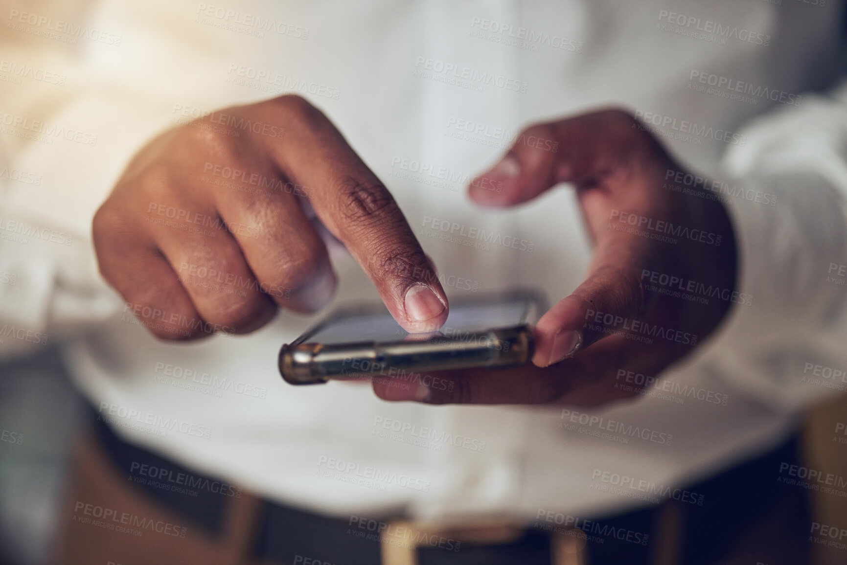 Buy stock photo Hands, app and phone for communication with a business person closeup for networking or browsing. Mobile, contact and social media with an employee scrolling on a touchscreen to search the internet