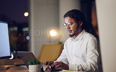Buy stock photo Night, business and man with laptop, typing and connection with programming, code and trading. Person, investor or accountant with a pc, stock market and data analysis with research, evening and tech