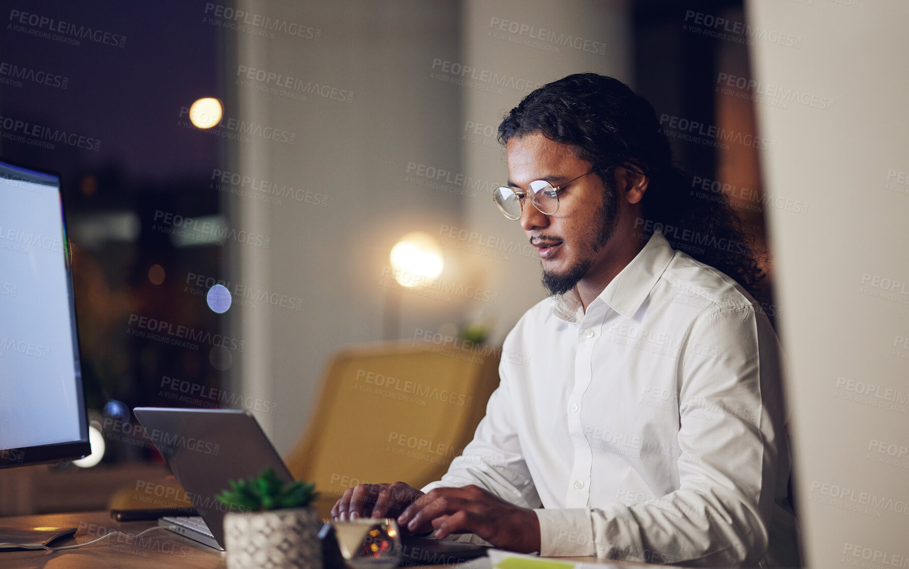 Buy stock photo Night, business and man with laptop, typing and connection with programming, code and trading. Person, investor or accountant with a pc, stock market and data analysis with research, evening and tech