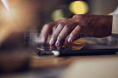 Buy stock photo Laptop keyboard, hands and professional person typing journalist story, social media blog and report at night. Closeup, review and news reporter check online article, information or research feedback