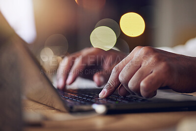 Buy stock photo Laptop keyboard, hands and night person typing, copywriting or working late on social media content writing. Closeup, dark office and writer editing online article, information or creative essay