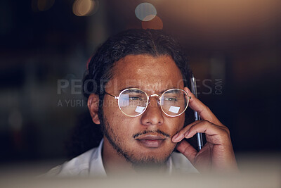 Buy stock photo Business man, thinking and focus on computer for information technology, software development and solution. Professional worker reading with glasses for IT decision, programming or planning at night