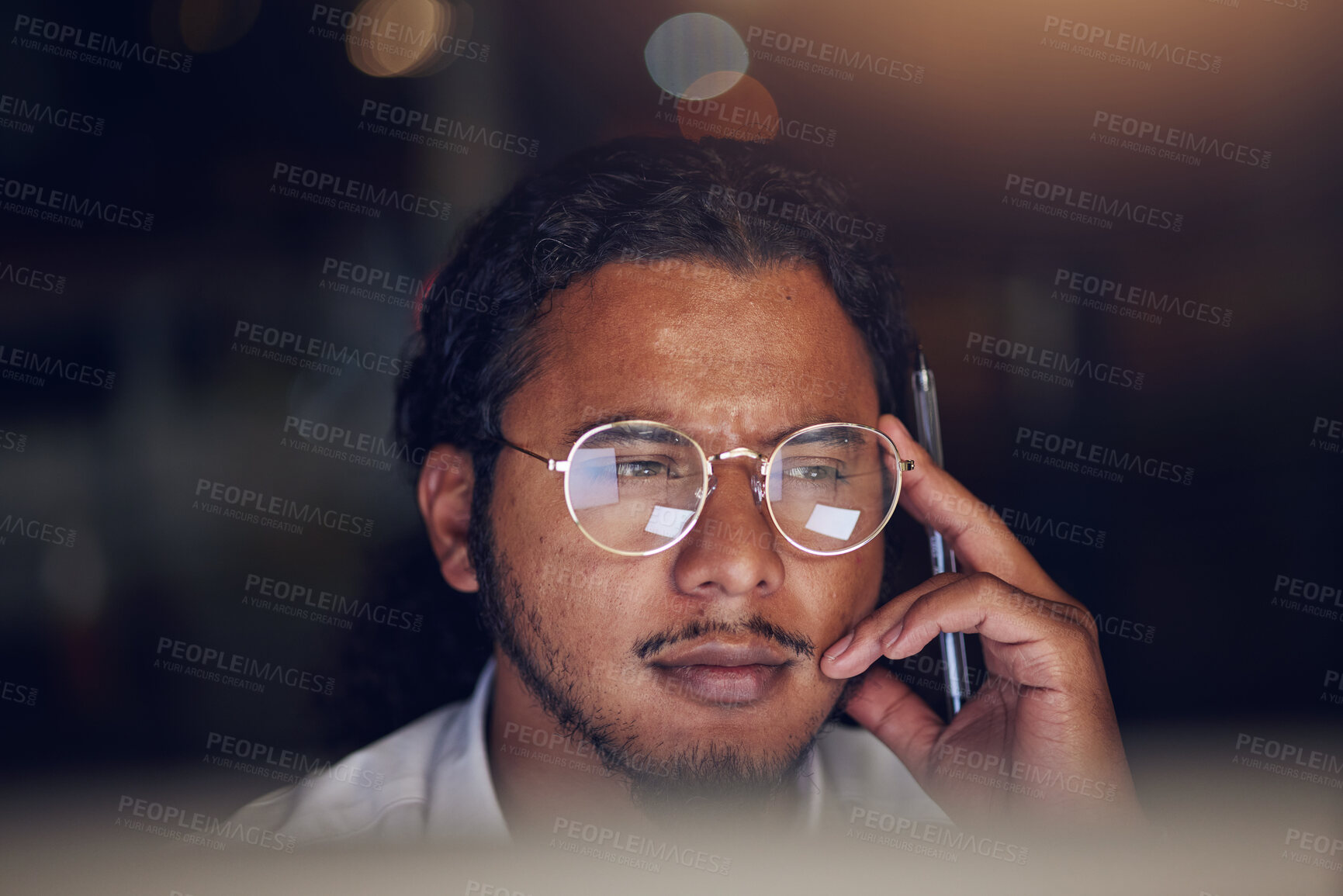 Buy stock photo Business man, thinking and focus on computer for information technology, software development and solution. Professional worker reading with glasses for IT decision, programming or planning at night