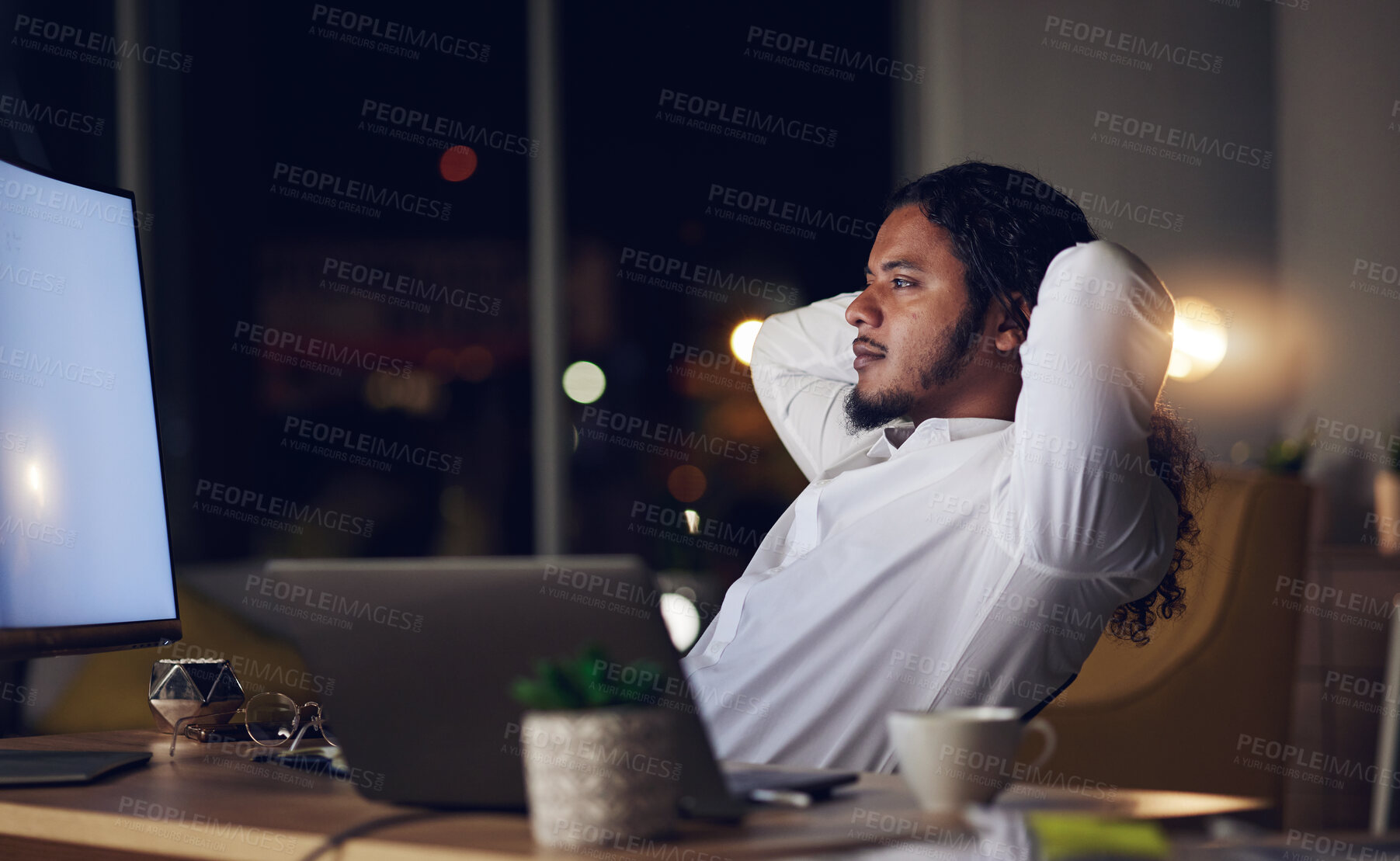 Buy stock photo Thinking, night and a business man in his office to relax or finish a task for project management or future growth. Vision, mindset and a corporate employee planning in a professional workplace
